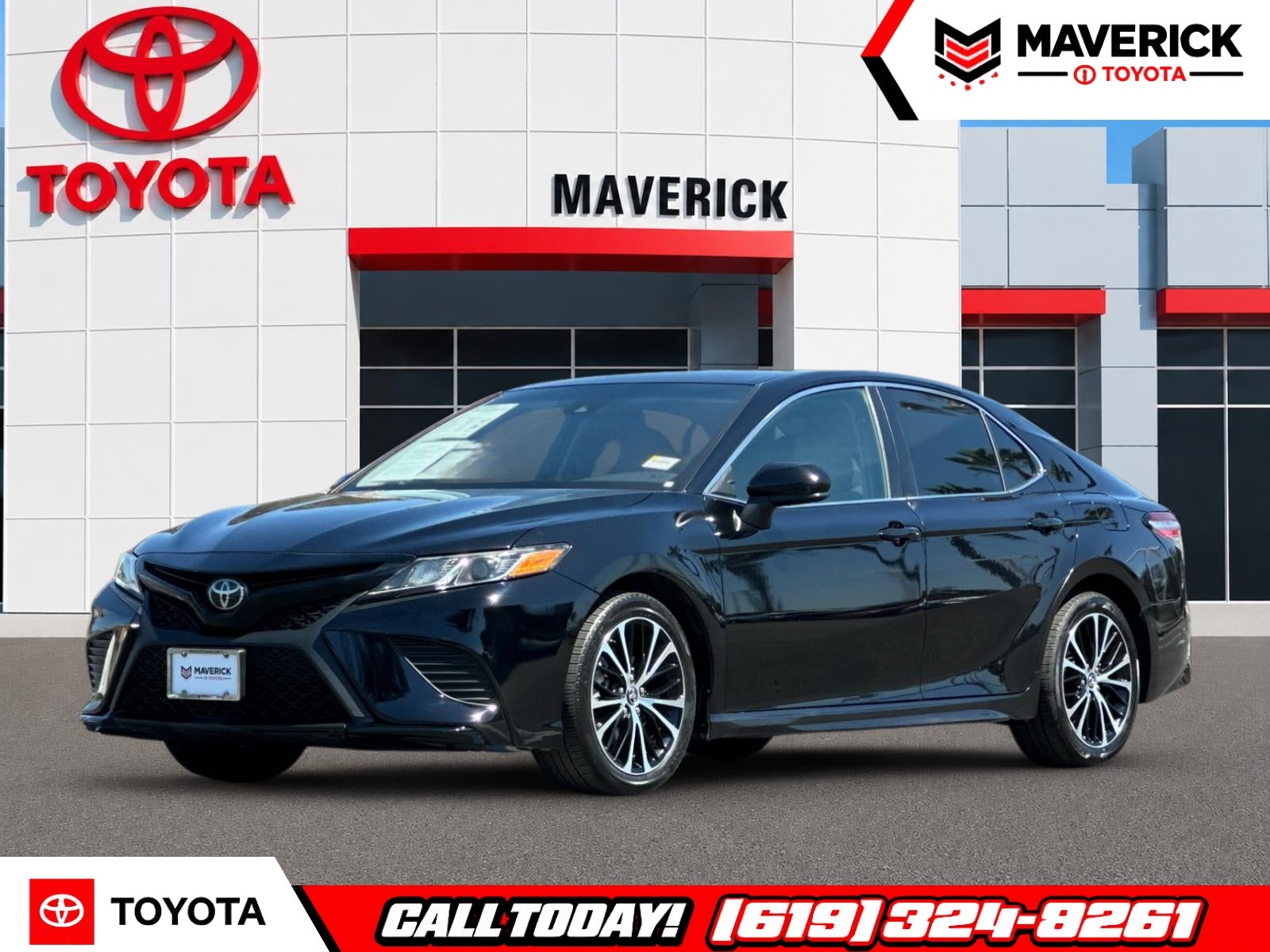 2019 Toyota Camry SE in Midnight Black Metallic — front three-quarter view